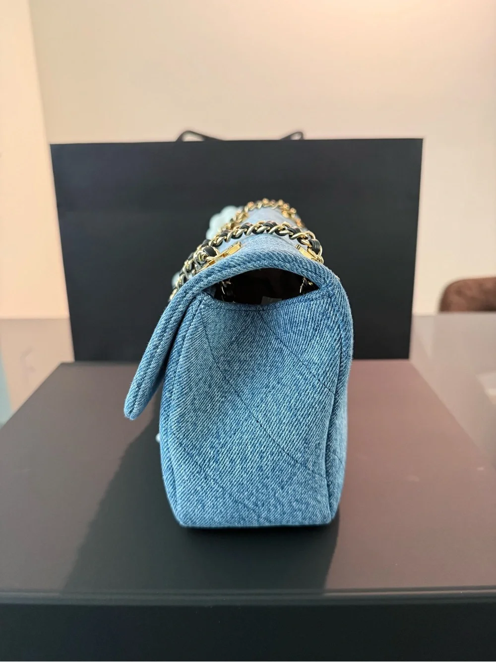 CHANEL Light Blue Denim Quilted Flap Shoulder Bag with Gold Hardware